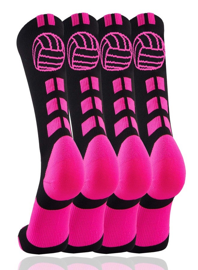 Londkaron Volleyball Socks (2 Pairs) with Volleyball Logo, Soft Mid Calf Crew Socks (Black/Neon Pink, Large) - Image 2